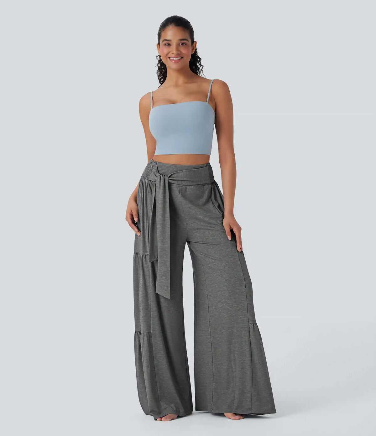 High Waisted Shirred Tie Front & Back Wide Leg Flowy Dance Pants