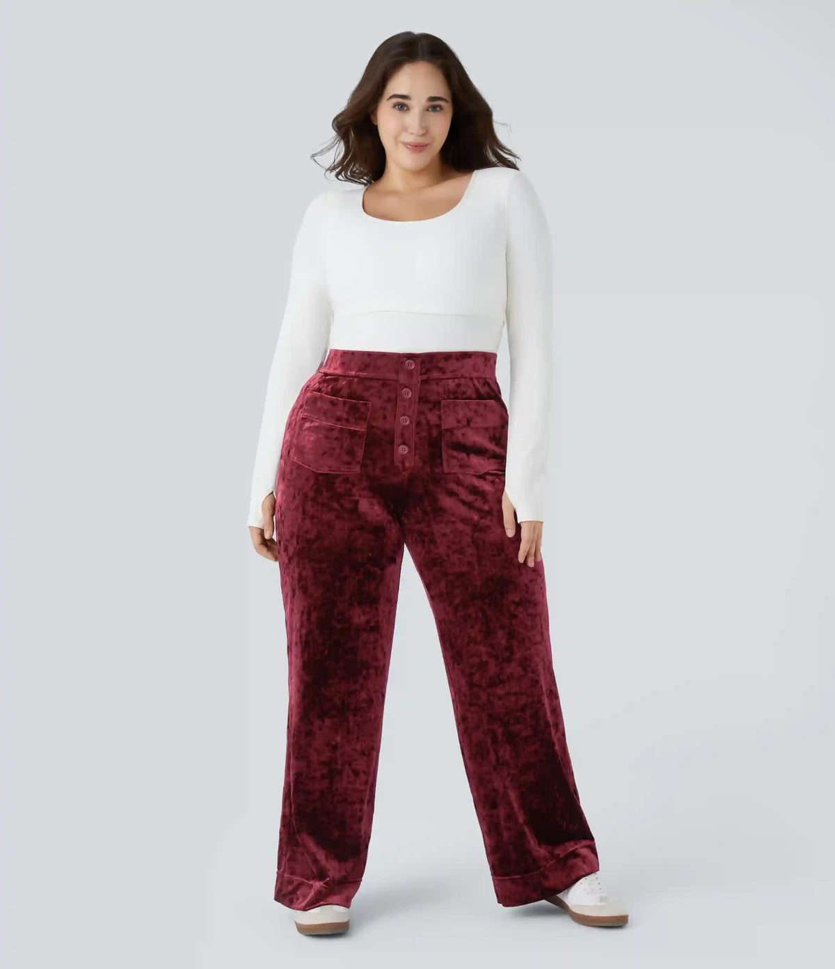 High Waisted Pockets Straight Leg Velvet Casual Plus Size Pants
