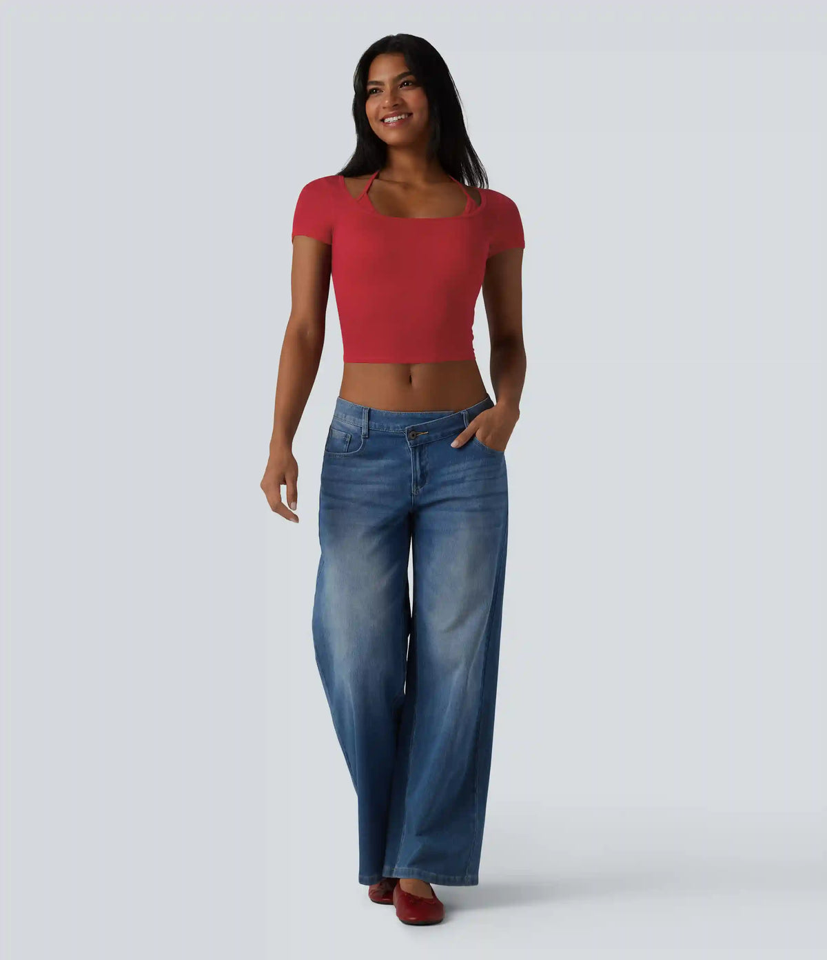 Ribbed Halter Tie Back Built-in Bra Short Sleeve Cropped Casual T-Shirt