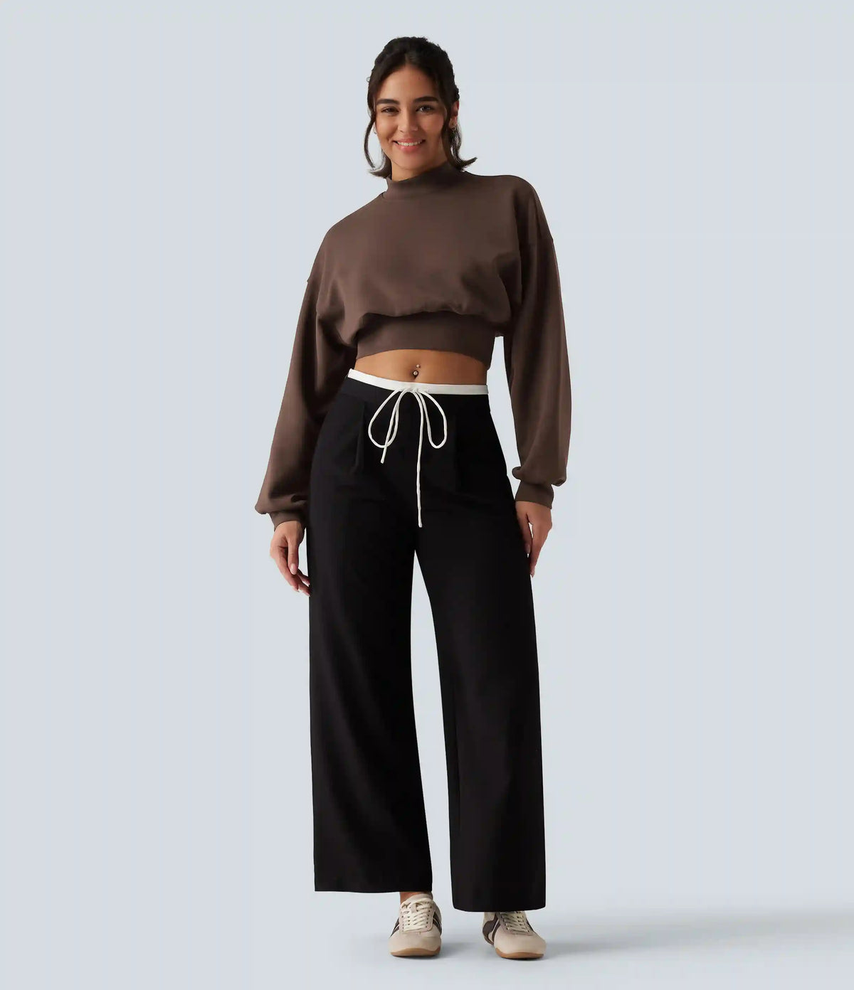 Mock Neck Dropped Long Sleeve Casual Cropped Sweatshirt