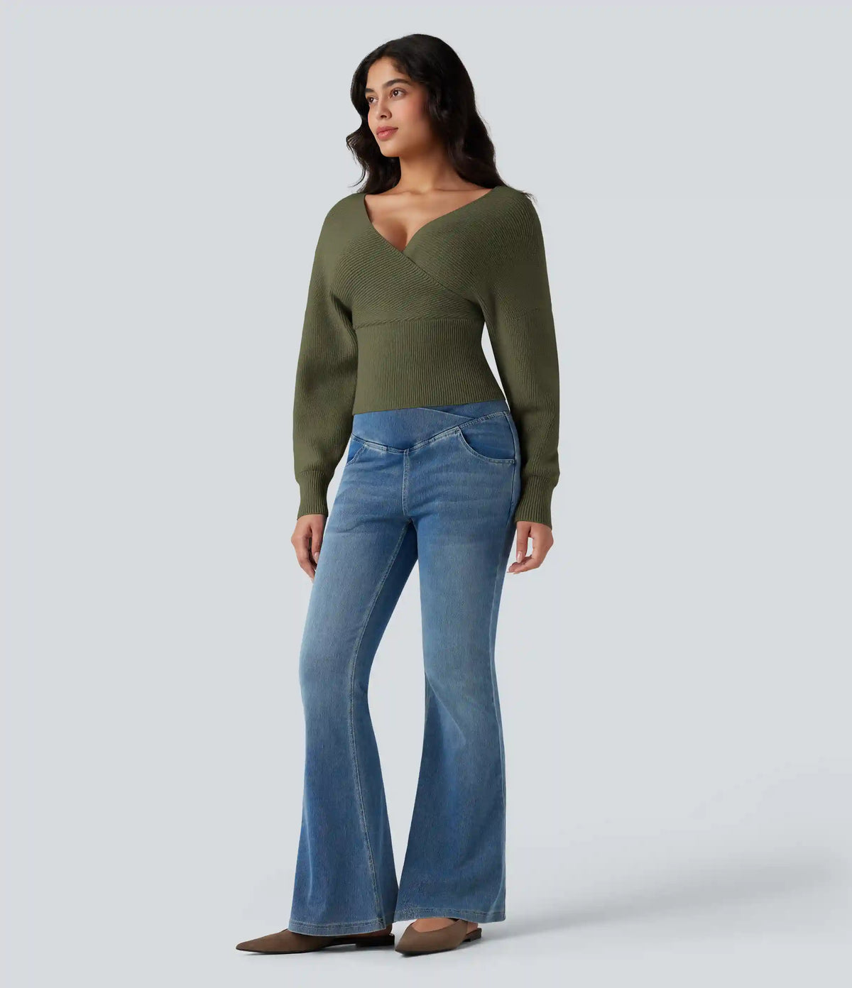 V-neck Batwing Long Sleeve Cut-out Casual Sweater
