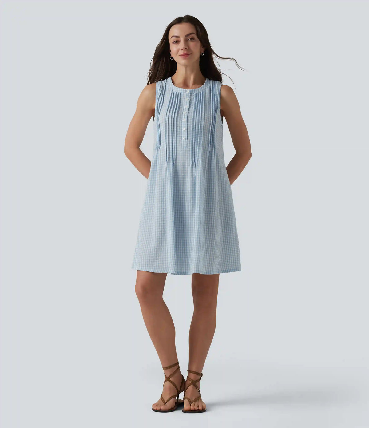 Round Neck Sleeveless Plaid Mini Casual Linen-Feel Dress with Pockets
