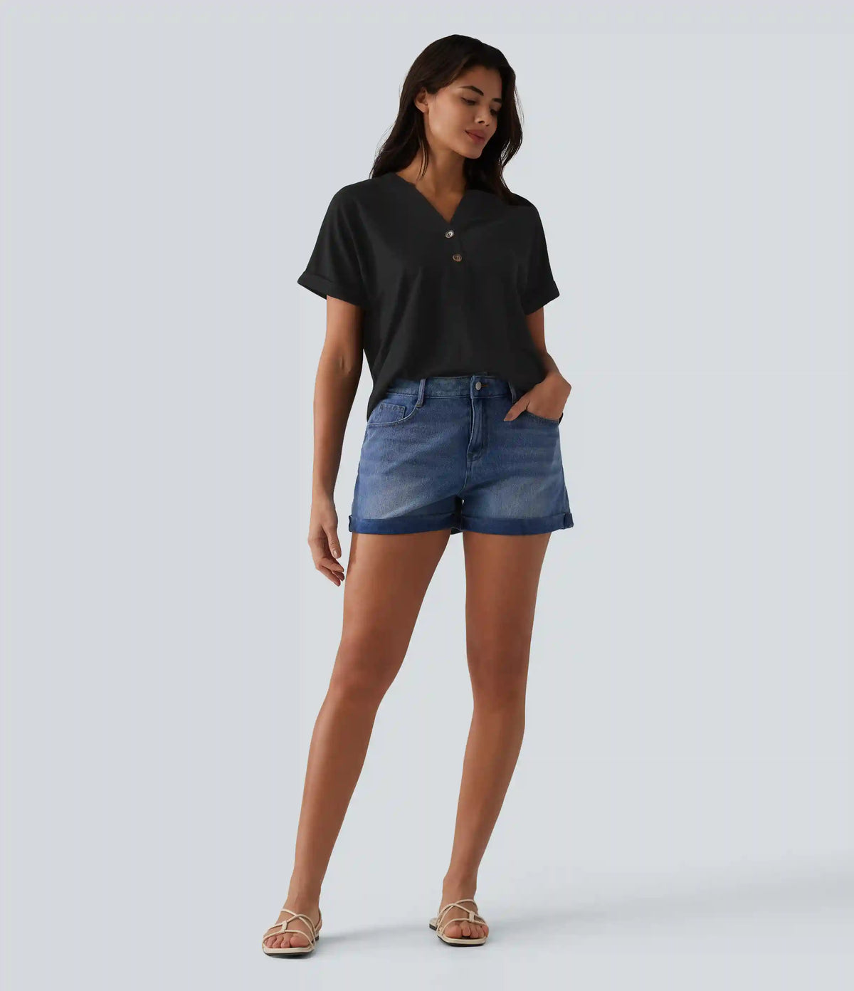V-neck Button Batwing Sleeve Waffle Casual T-Shirt
