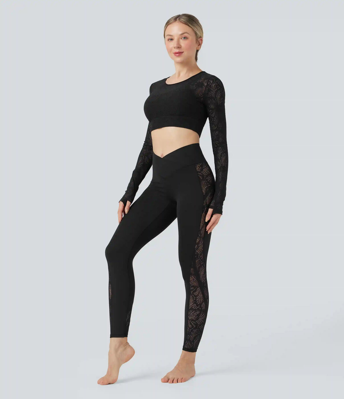 SoftlyZero™ Crossover Mid Rise Contrast Lace Yoga Leggings with Pocket
