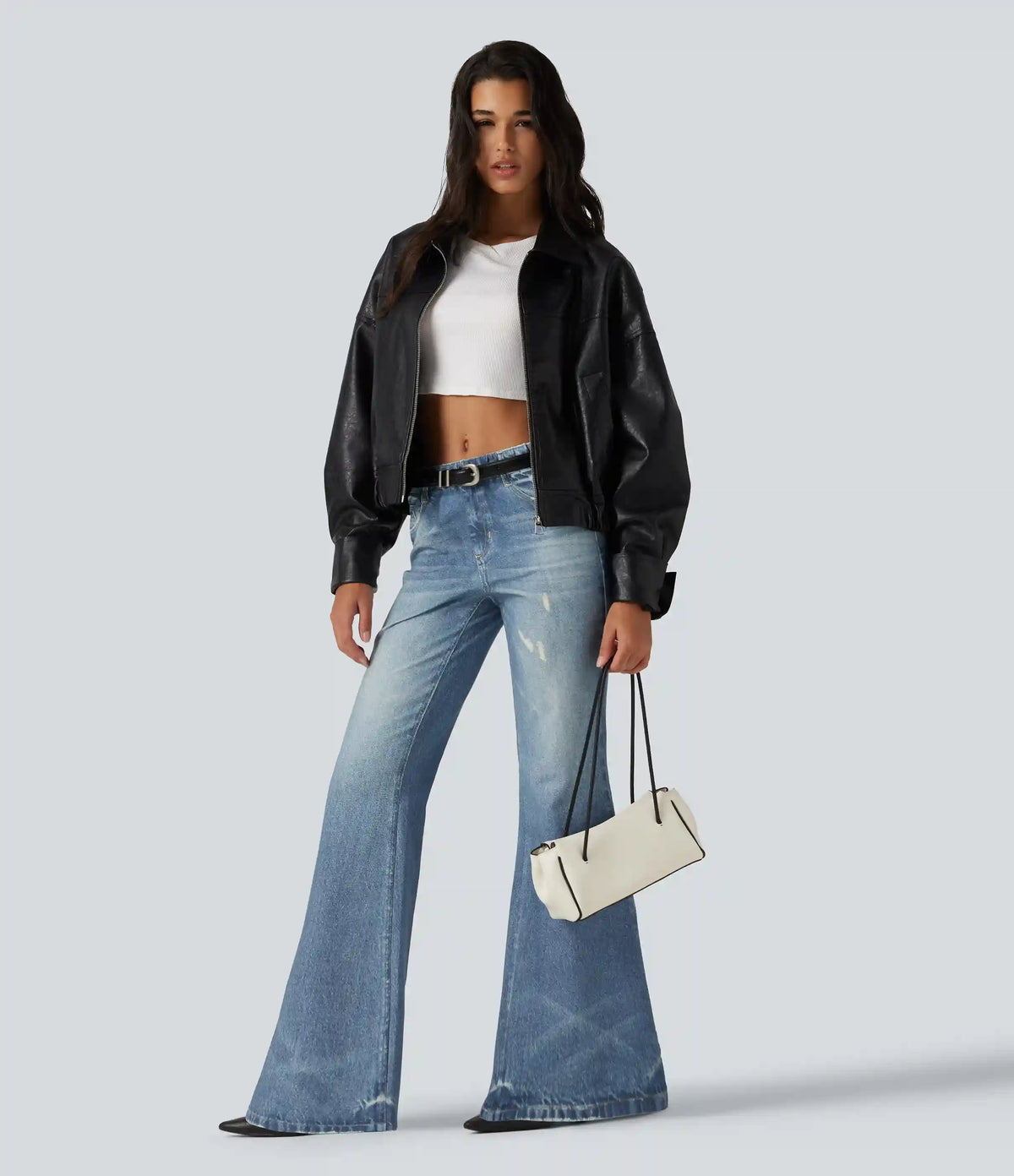Mid Rise Denim Print Casual Flare Jeans with Pockets