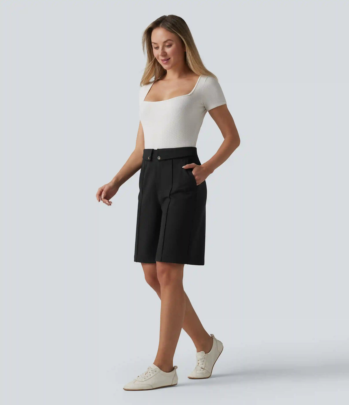 DayStretch High Waisted Straight Leg Work Bermuda Shorts with Pockets