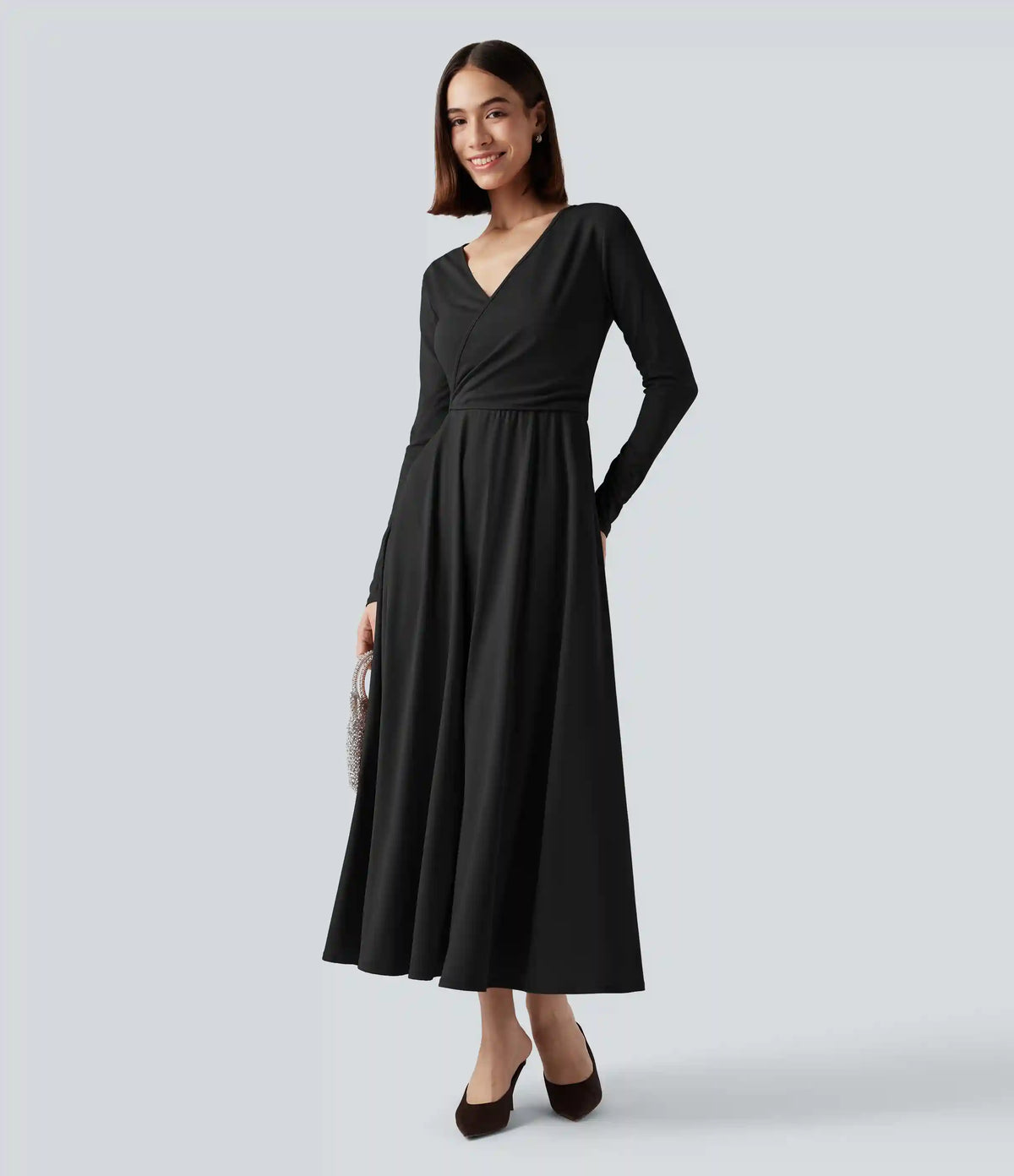 Long Sleeve Wrapped Tie Back 2-Piece Midi Dress with Pockets