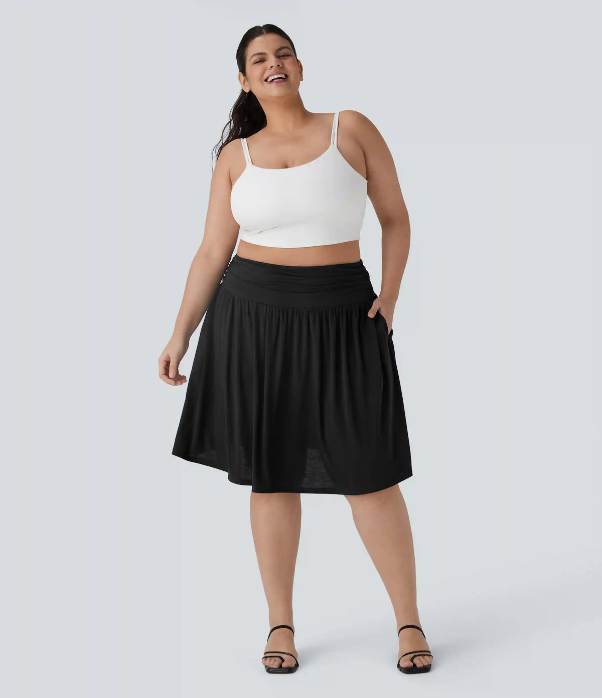 High Waisted Ruched Flowy Plus Size Skirt with Pockets