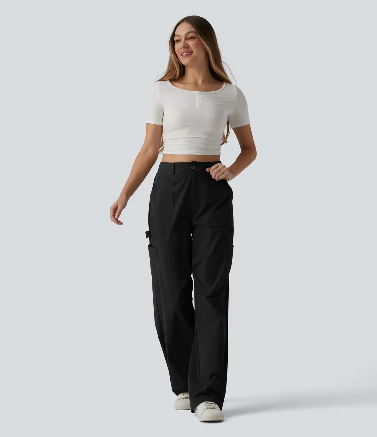 High Waisted Straight Leg Stretchy Poplin Casual Cargo Pants with Pockets