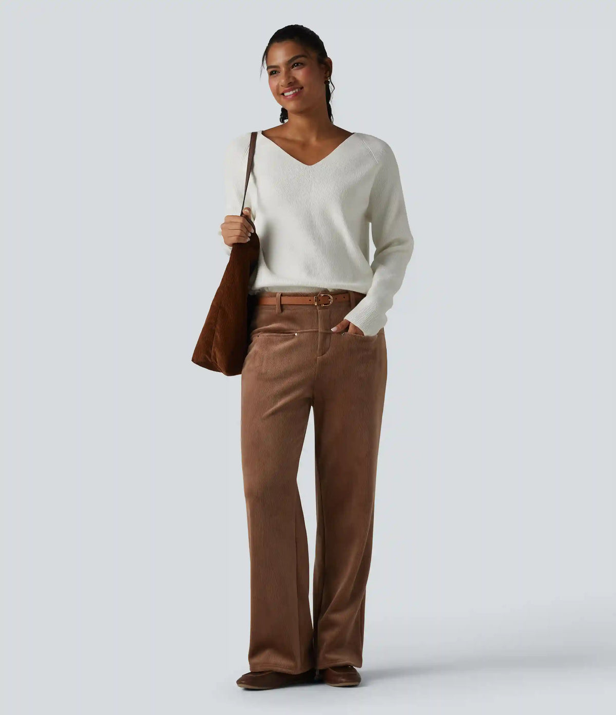 Mid Rise Fleece Corduroy Casual Straight Leg Pants with Pockets