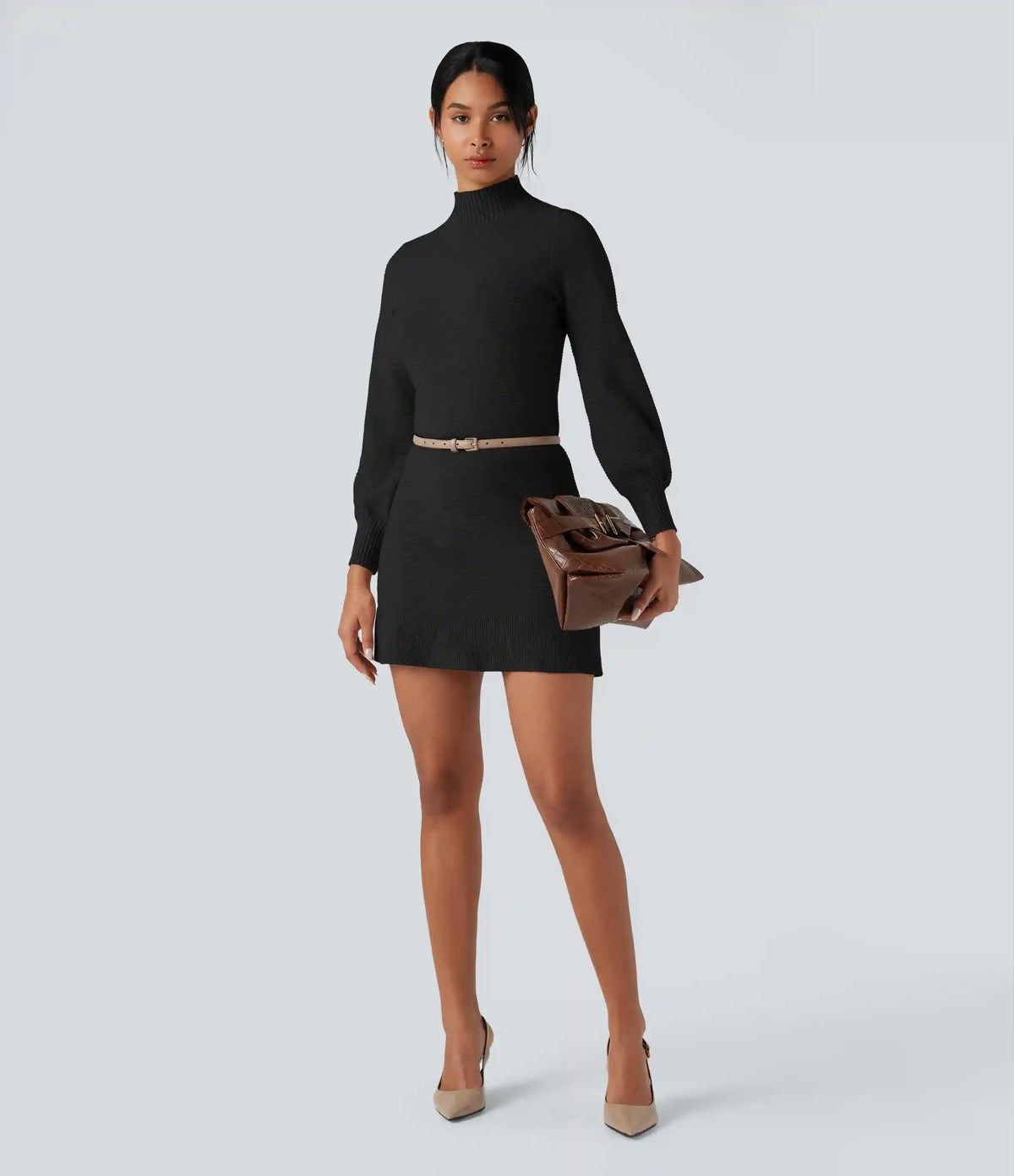 Mock-neck Long Sleeve Ruffle Hem Mini Work Sweater Dress