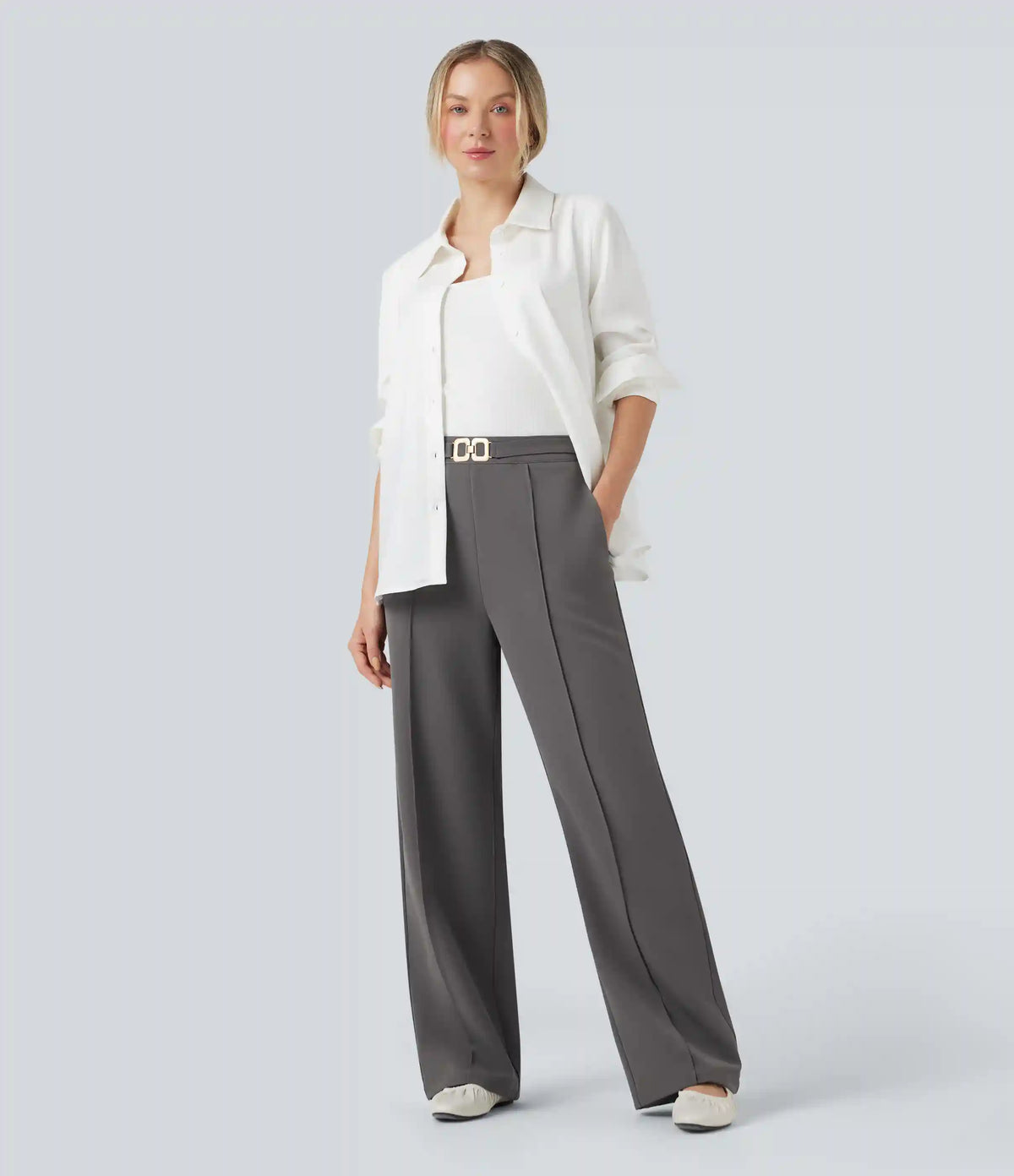 High Waisted Straight Leg Work Pants with Pockets