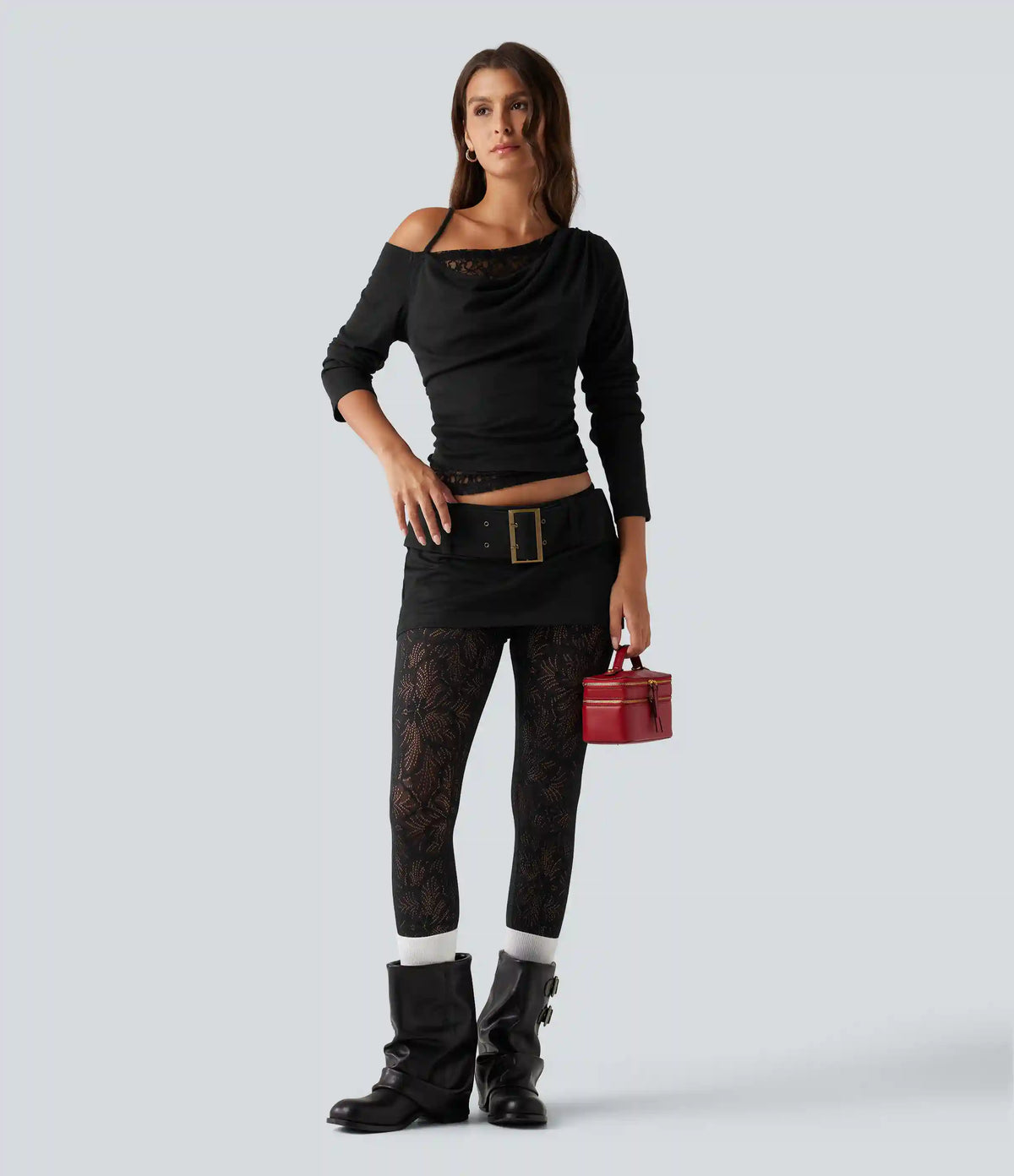 One Shoulder Long Sleeve 2-in-1 Contrast Lace Casual Top