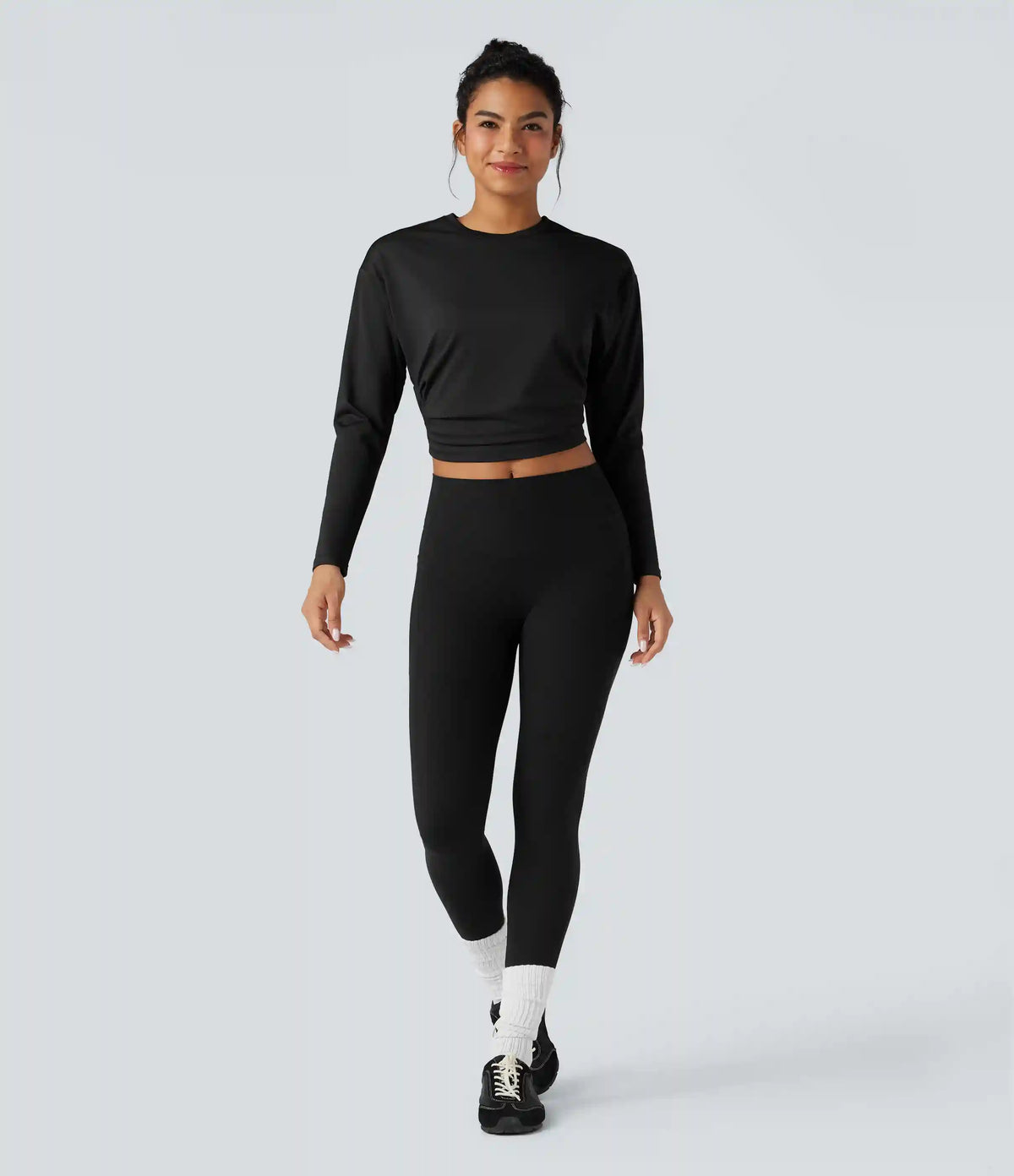 Round Neck Long Sleeve Ruched Cropped Yoga Sports Top