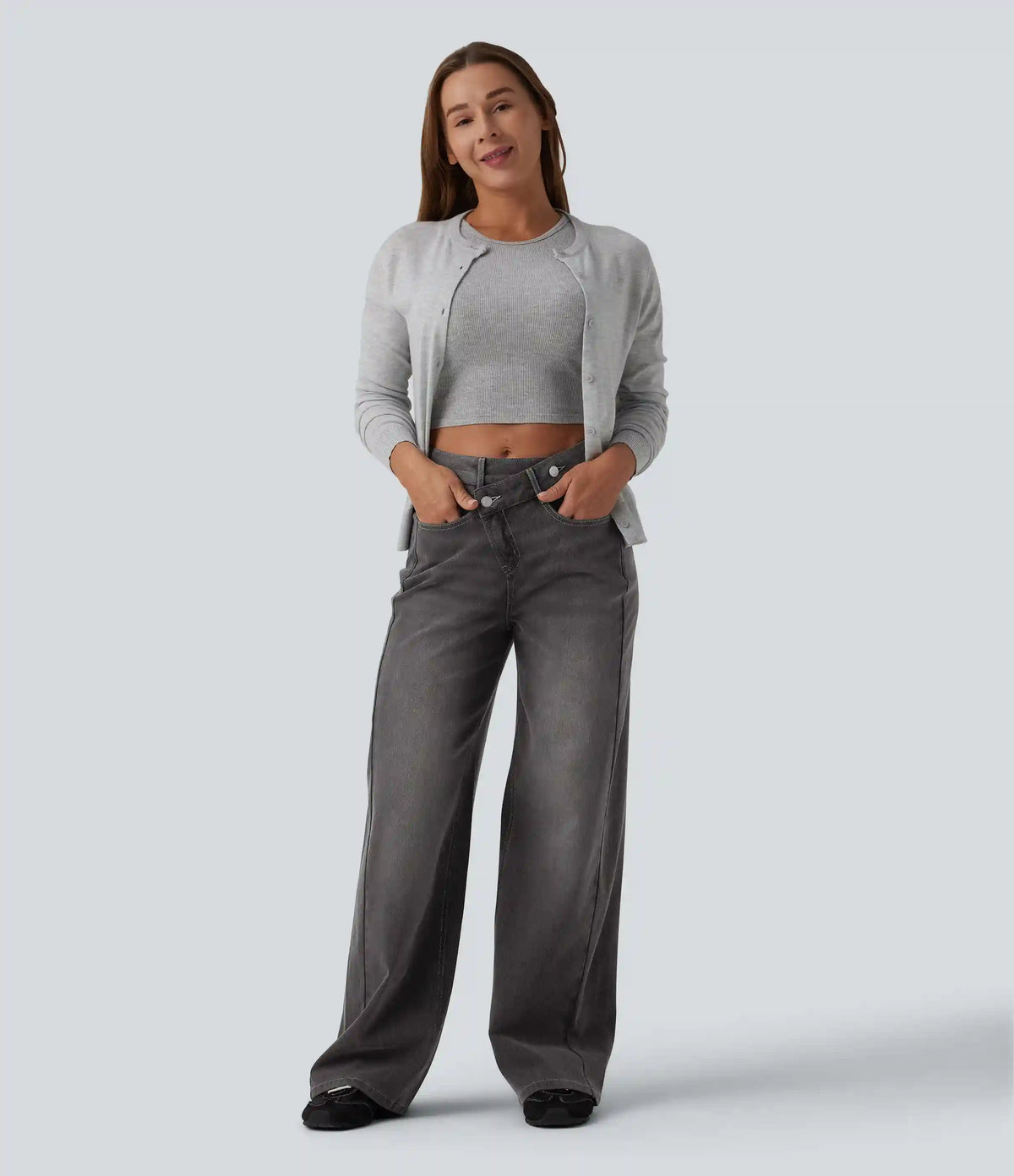 Halara Flex™ Asymmetric High Waisted Washed Casual Baggy Jeans with Pockets