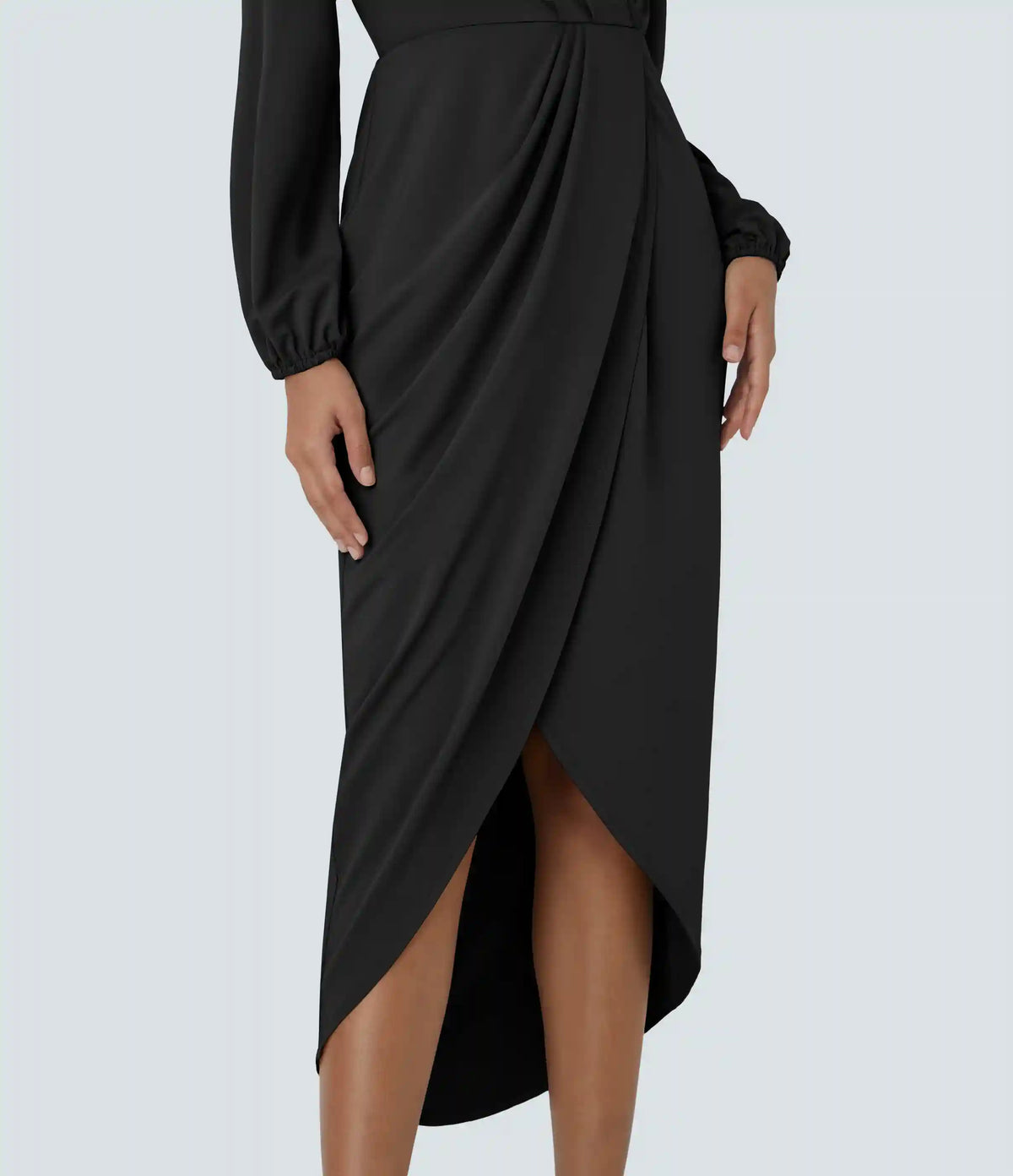 V Neck Long Sleeve Tulip Hem Midi Dress