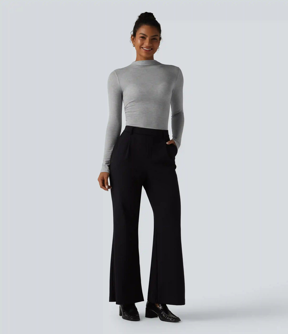 Mock-neck Long Sleeve Ruched Wool-Blend Work Top