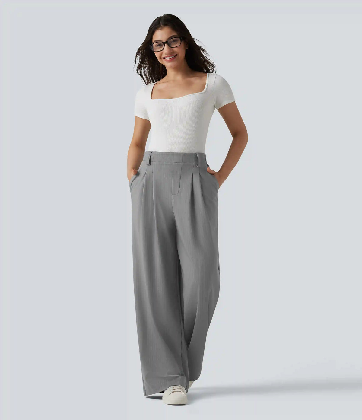 High Waisted Stripes Work Wide Leg Pants with Pockets