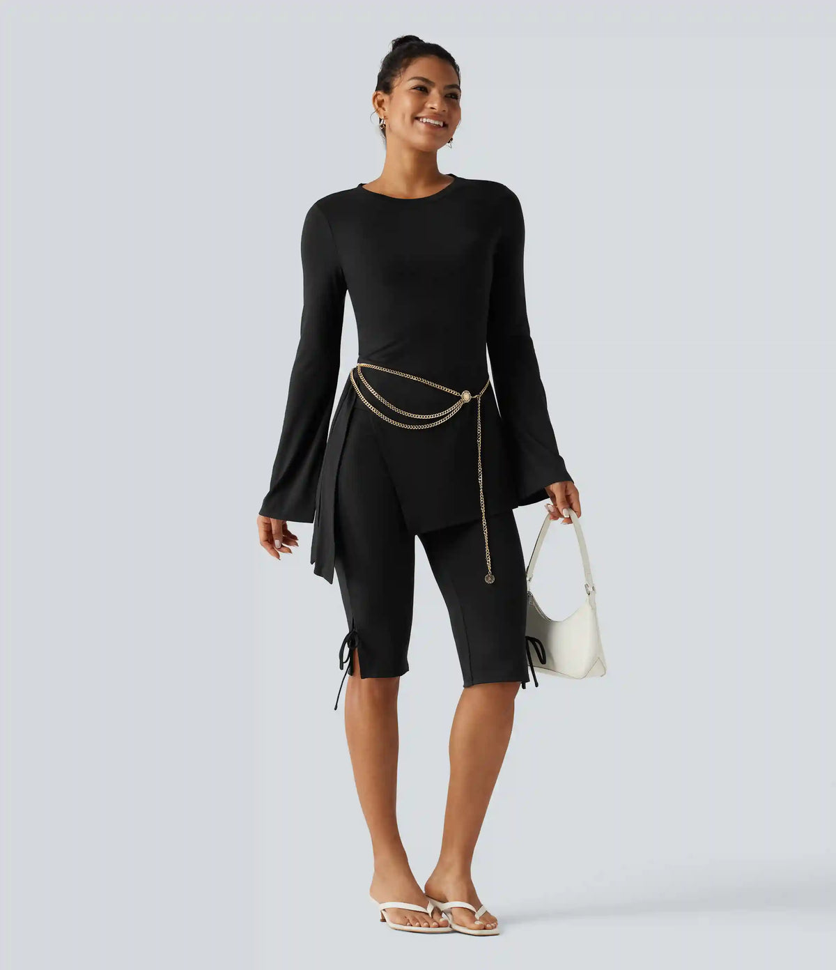 Round Neck Long Sleeve Tie Side Asymmetric Hem Casual Top