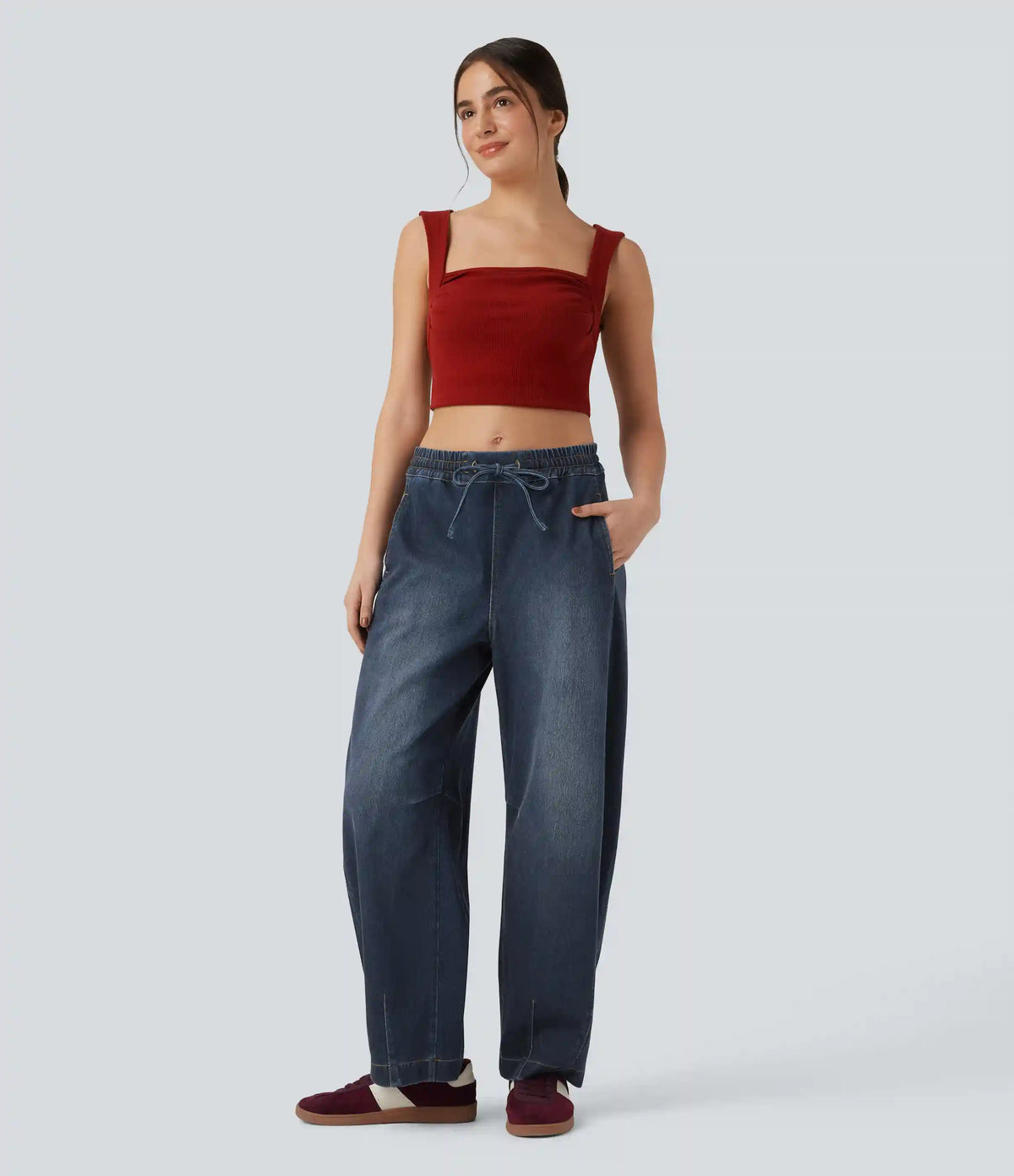 Halara Flex™ Mid Rise Drawstring Barrel Leg Washed Casual Baggy Sweatpants Jeans with Pockets