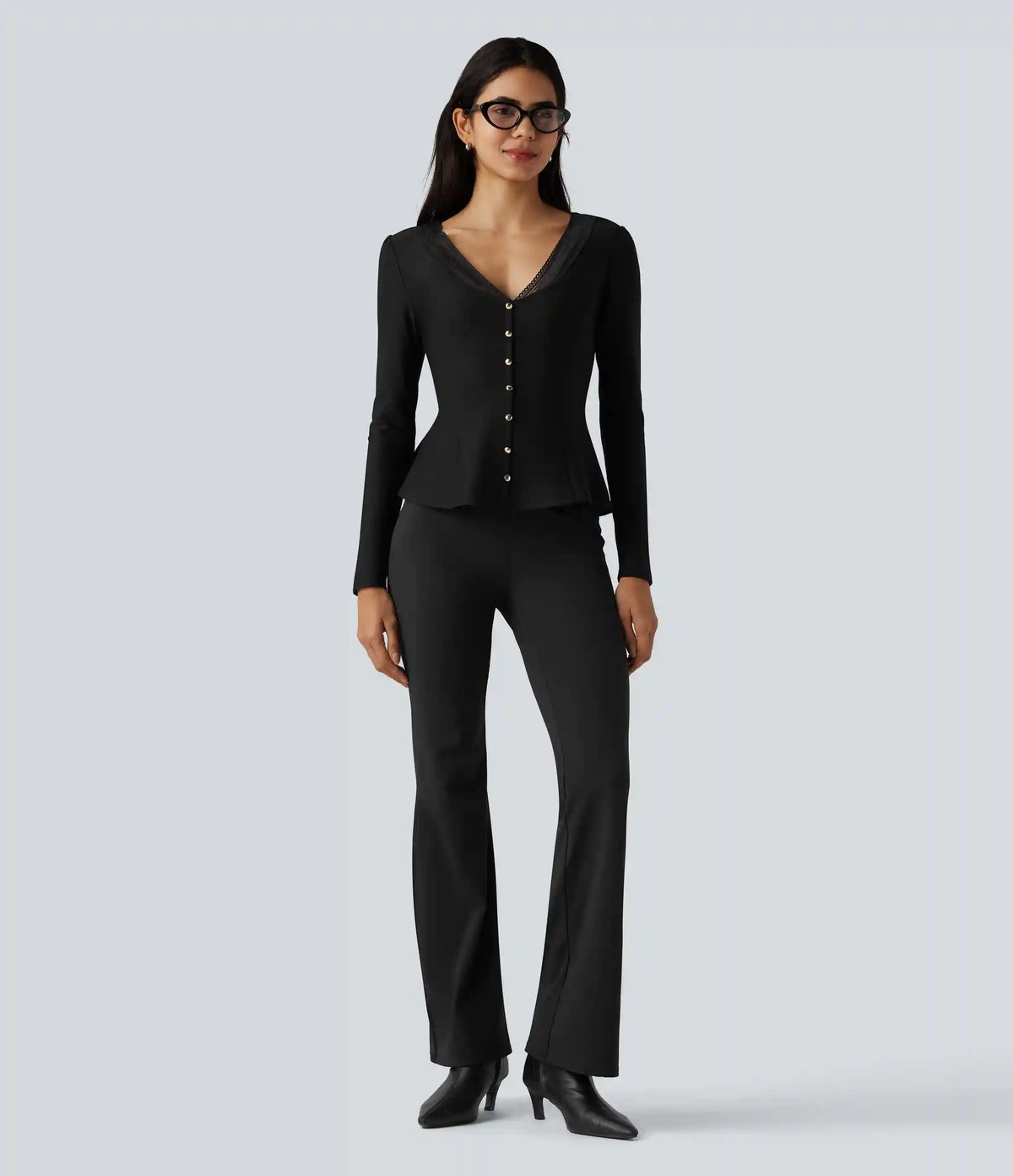 V Neck Contrast Lace Long Sleeve Ruffle Hem Work Blouse