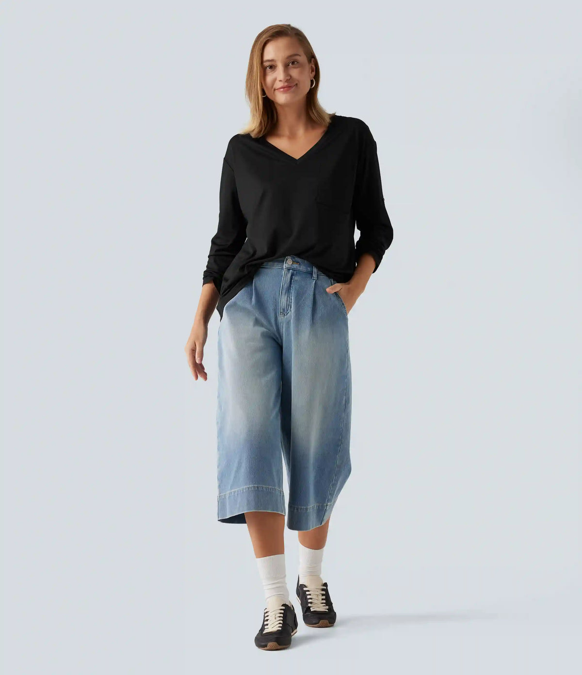 V Neck Long Sleeve Casual T-Shirt with Pocket