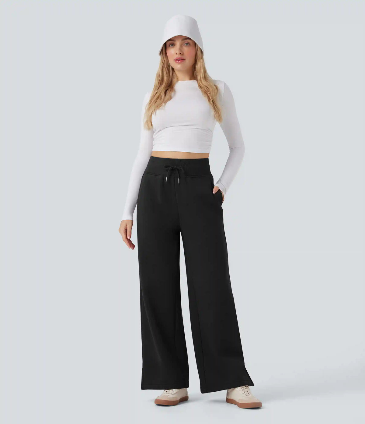High Waisted Drawstring Split Hem Wide Leg Casual Fleece Pants with Pockets