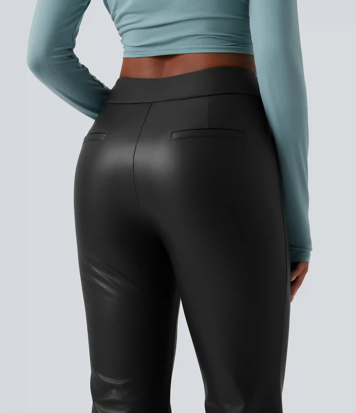 Mid Rise Stretchy PU Fleece Casual Bootcut Pants with Pockets