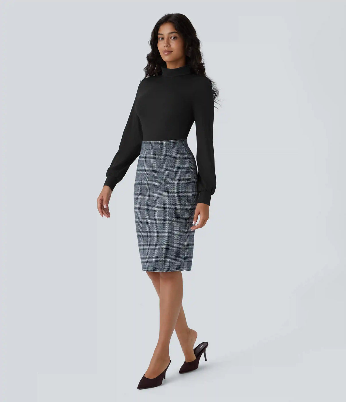 High Waisted Hem Houndstooth Plaid Work Pencil Skirt