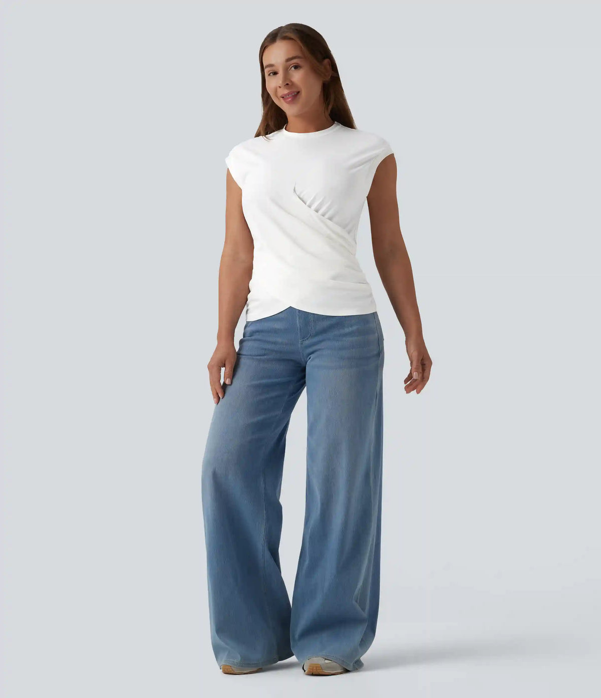 Round Neck Cap Sleeve Crossover Hem Casual Top