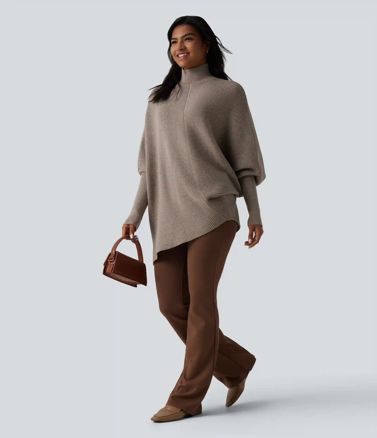 High Neck Batwing Long Sleeve Asymmetric Hem Work Sweater