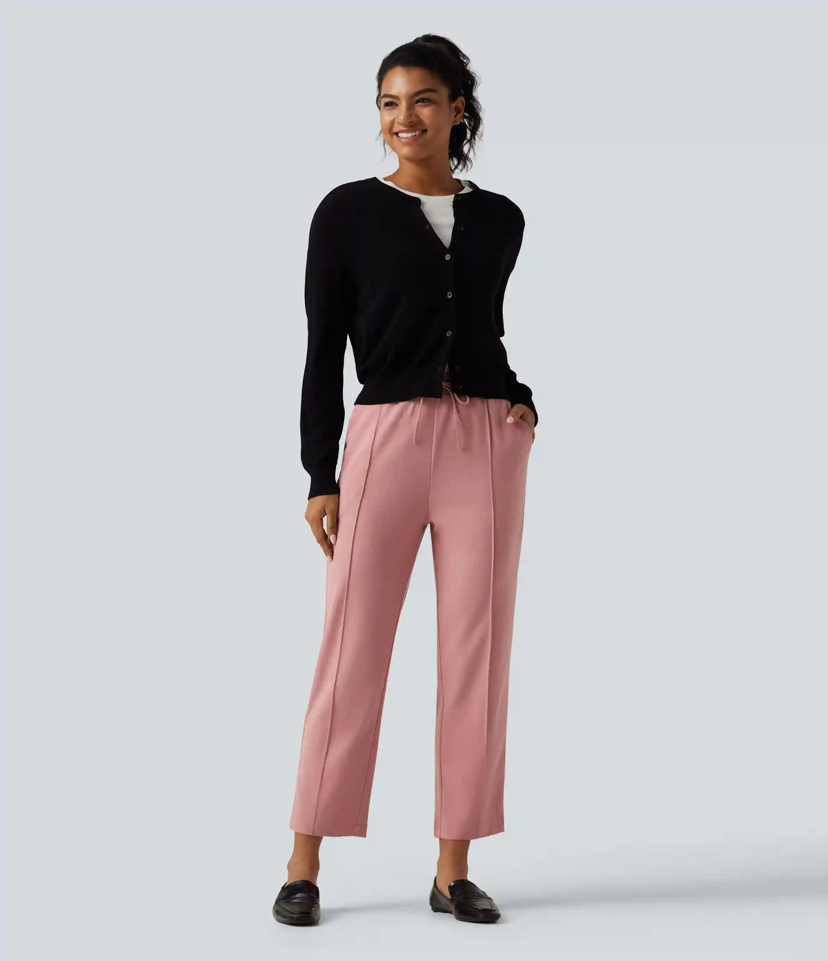 High Waisted Drawstring Tapered Pintuck Work Pants with Pockets