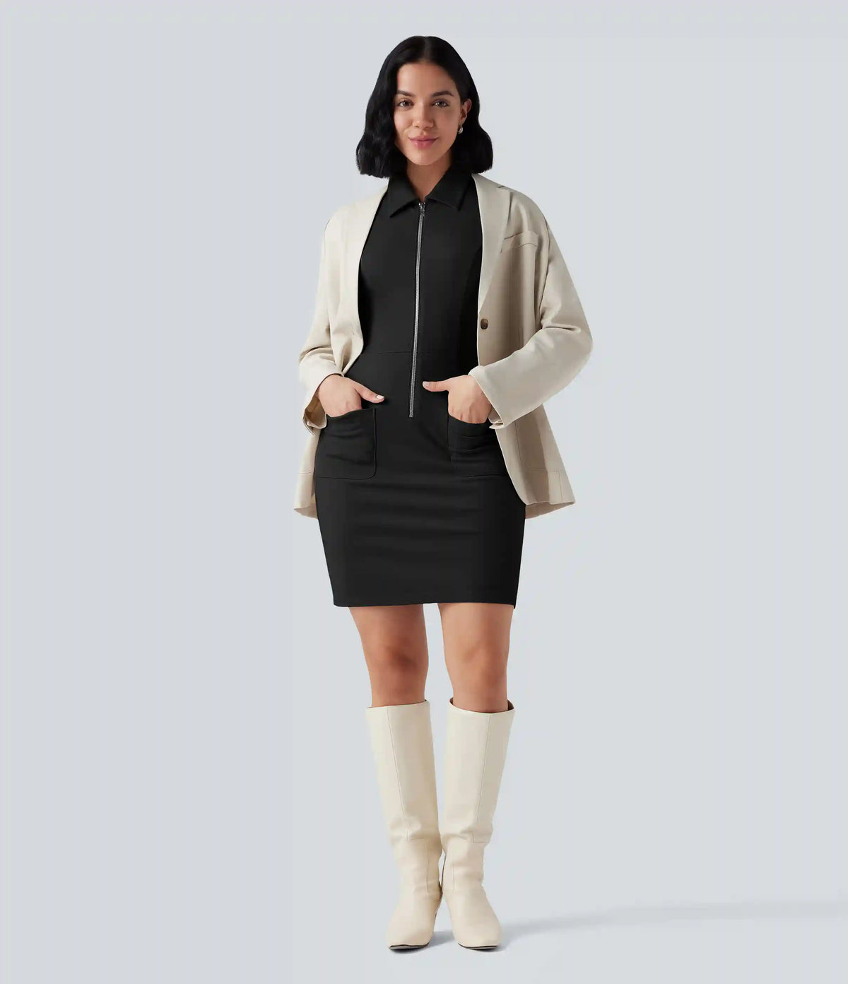 Half Zip Short Sleeve Bodycon Mini Work Dress with Pockets