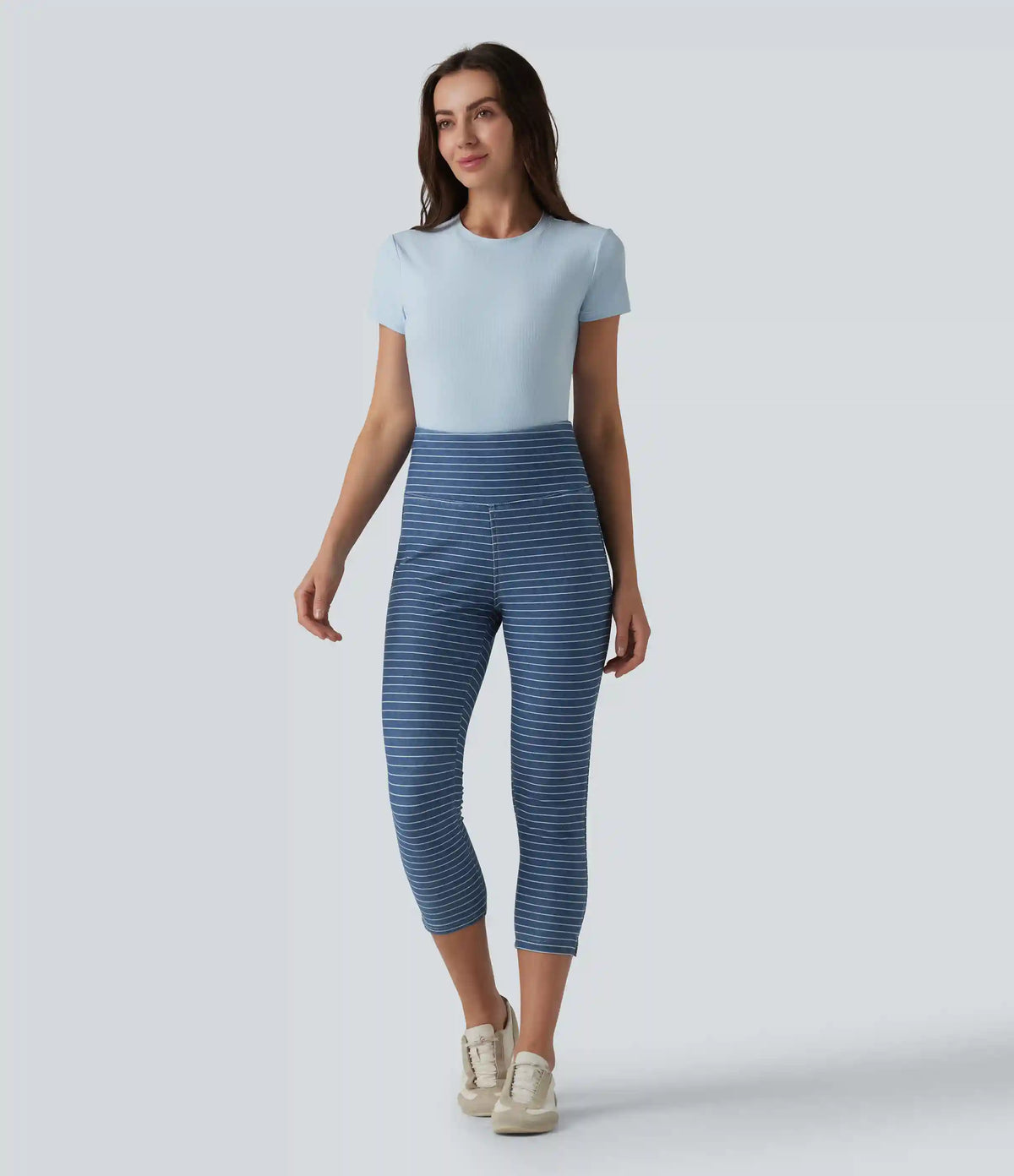 Halara Flex™ High Waisted Tummy Control Split Stripes Denim Casual Capri Leggings with Pockets