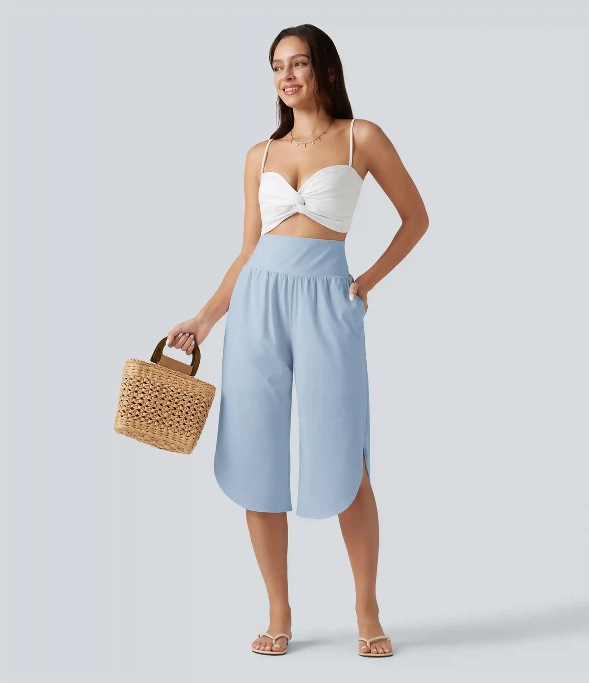 Breezeful™ High Waisted Tummy Control Curved Hem Quick Dry Capri Pants with Pockets