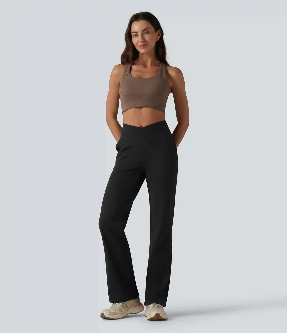 Crossover High Waisted Yoga Bootcut Pants with Pockets
