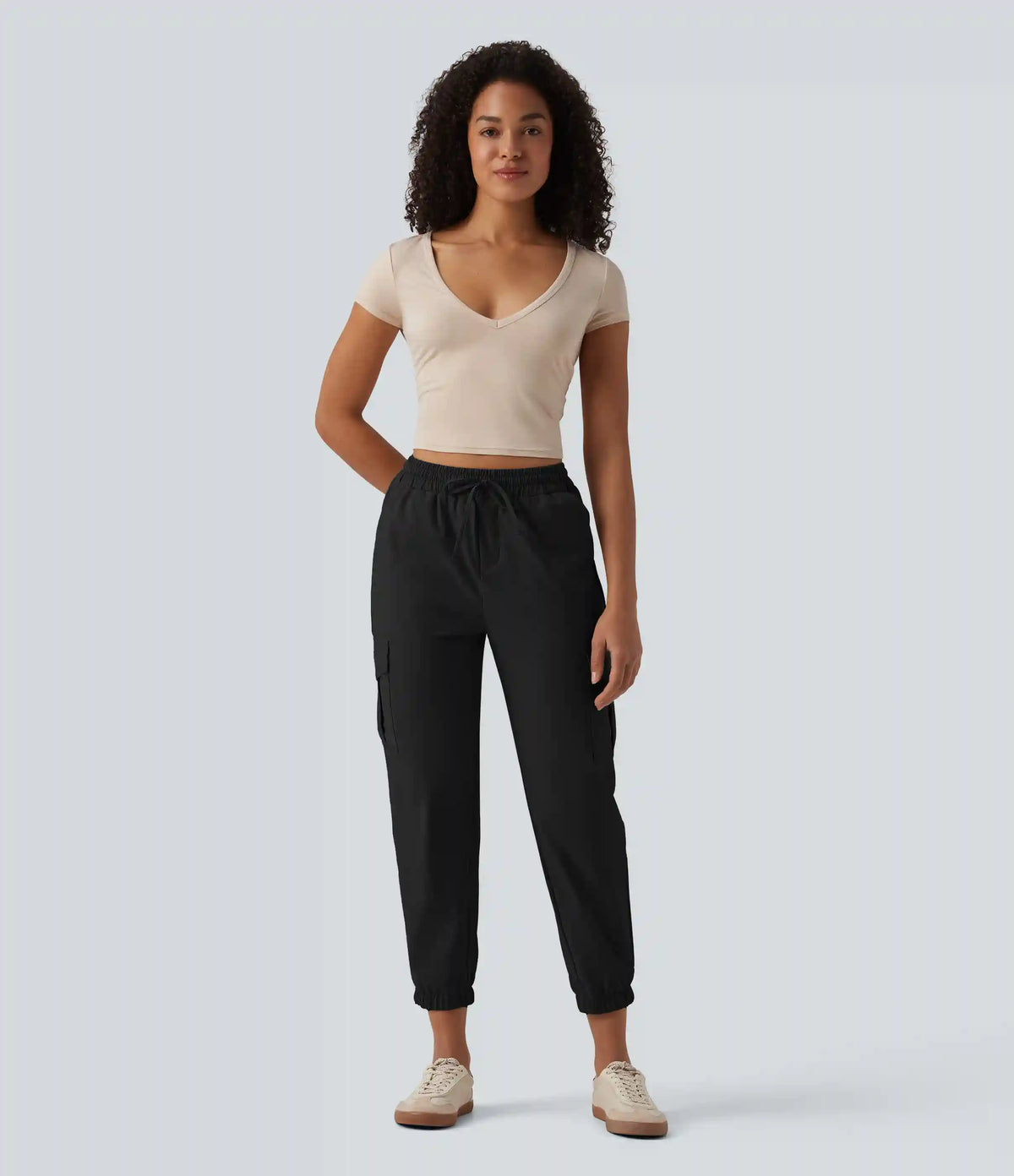 Mid Rise Drawstring Stretchy Poplin Casual Cargo Joggers with Pockets