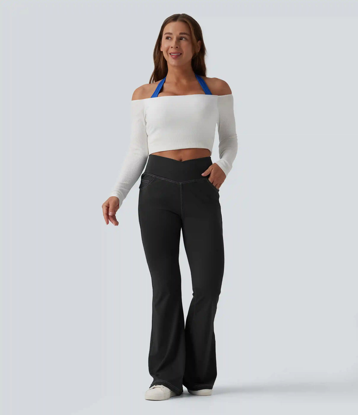 Mid Rise Crossover Super Flare Casual Leggings with Pockets