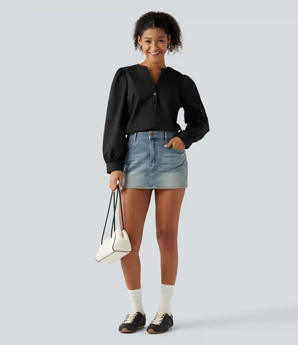 Henley Neck Puff Long Sleeve Casual Blouse