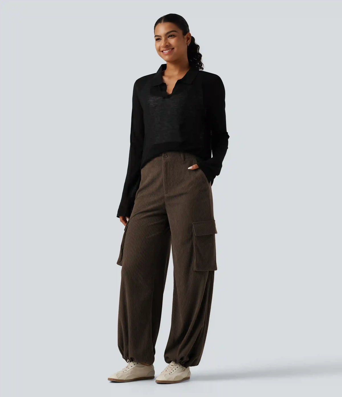 High Waisted Straight Leg Gathered Hem Corduroy Cargo Casual Pants with Pockets