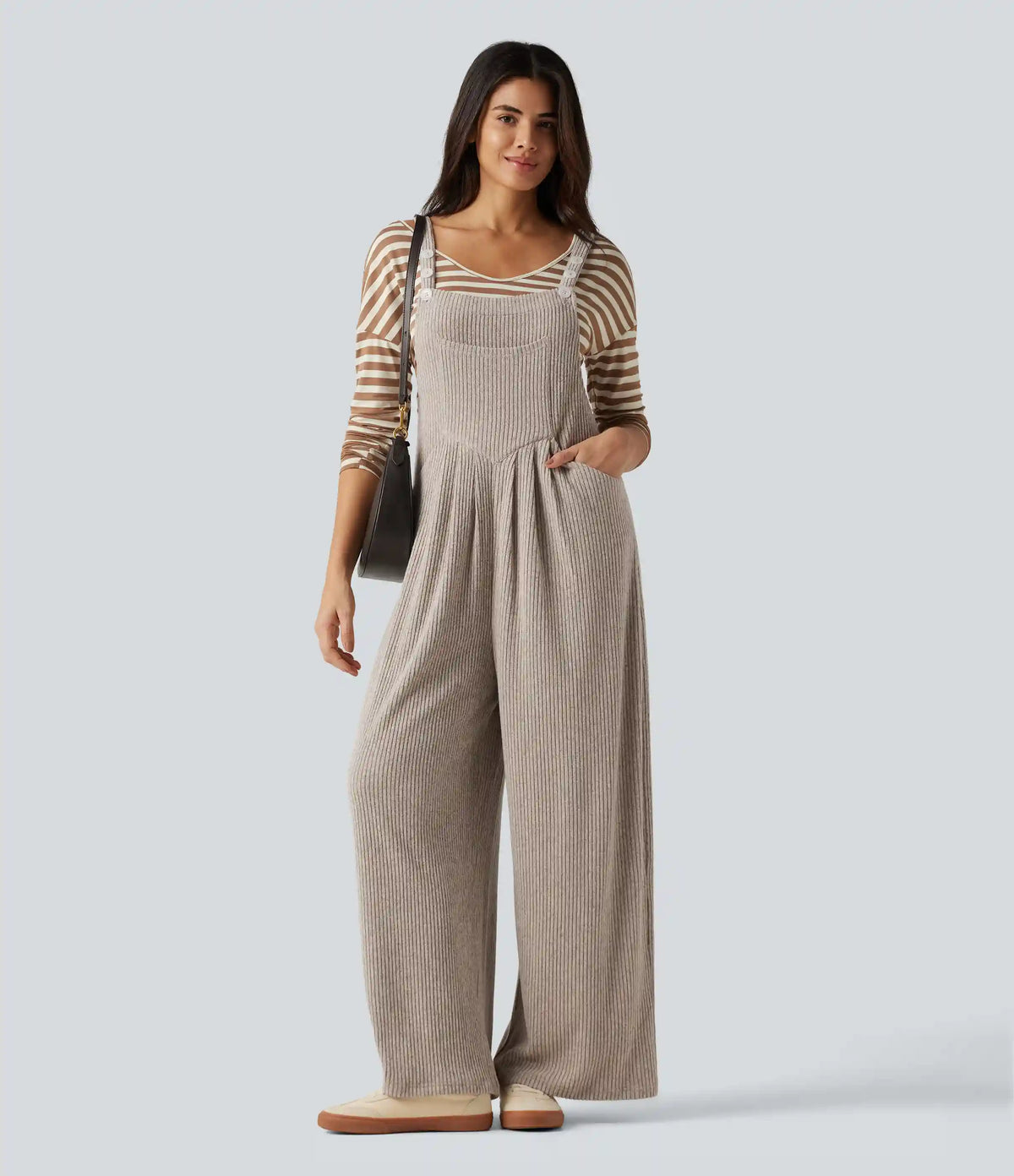 Ribbed Knit Casual Overalls with Pockets