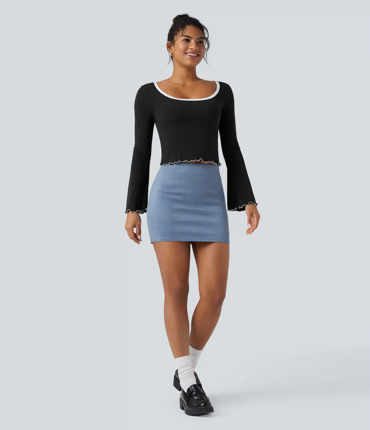 Square Neck Flounce Long Sleeve Casual T-Shirt