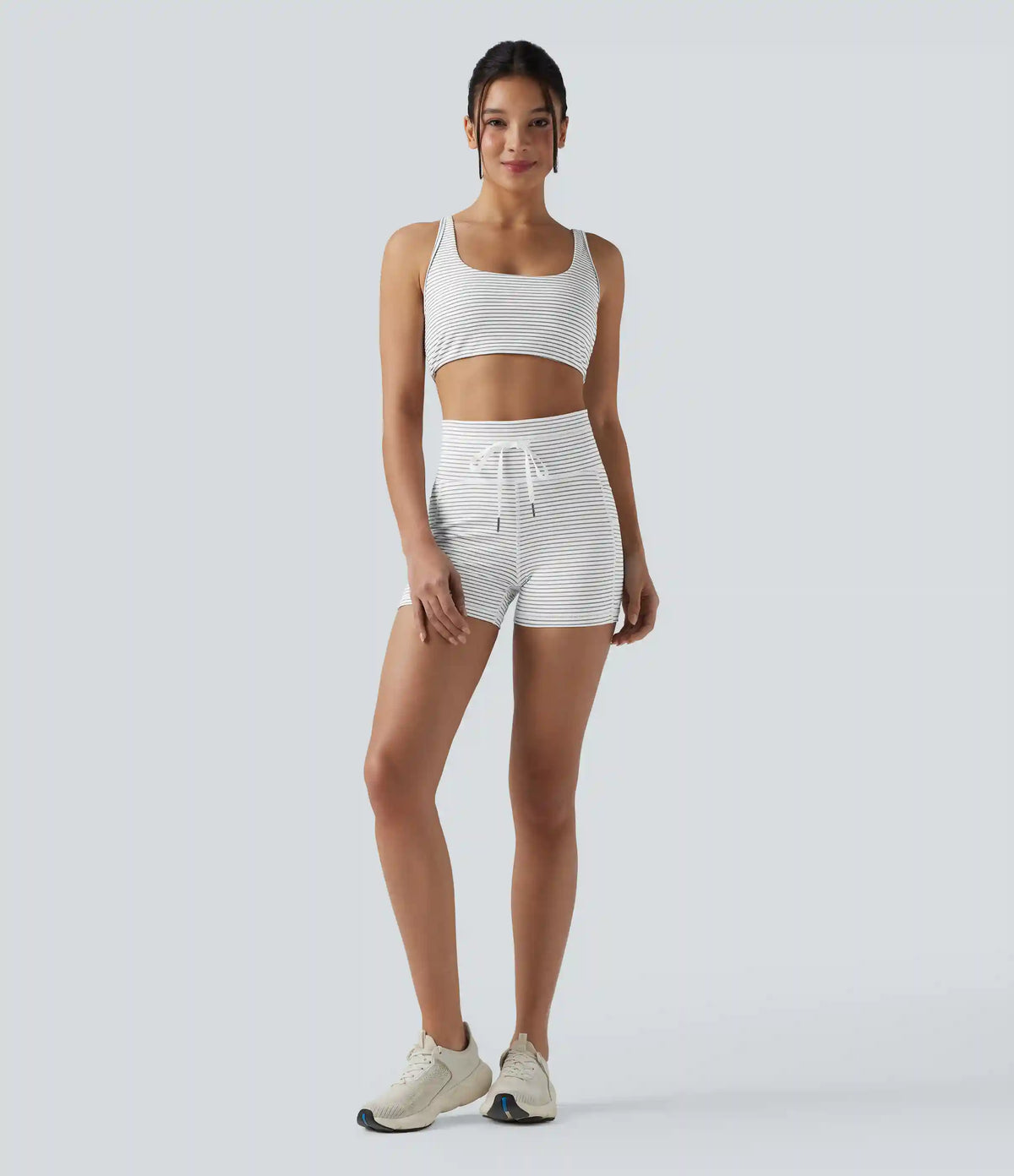 High Waisted Drawstring Striped Yoga Biker Shorts 3'' with Pockets