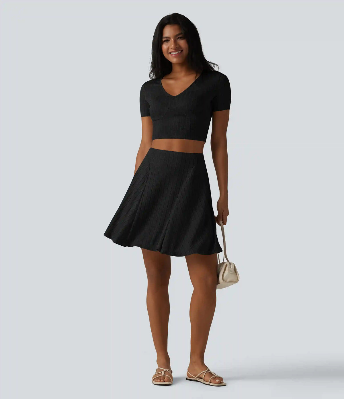 Ribbed Knit V Neck Short Sleeve Cropped Casual T-Shirt