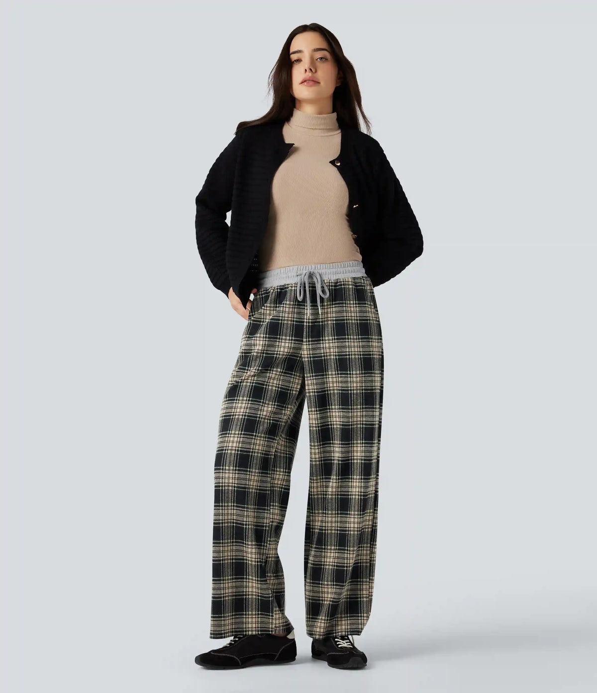 Halara Flex™ Mid Rise Drawstring Wide Leg Plaid Work Pants with Pockets