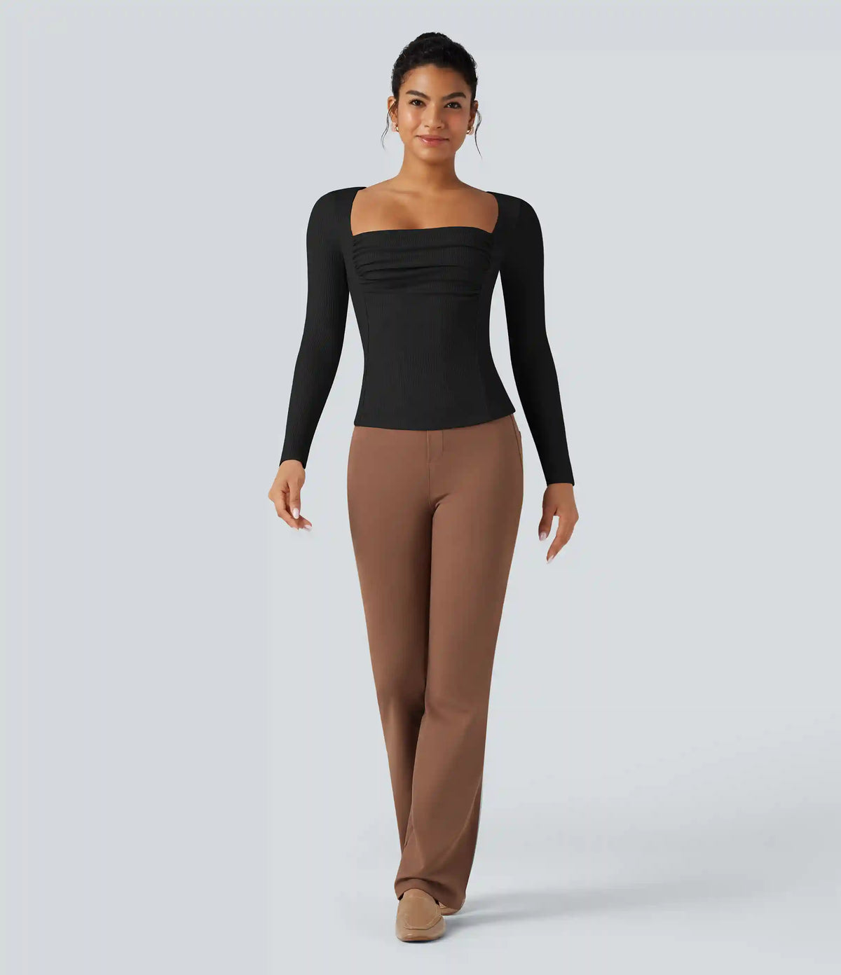 Ribbed Knit Square Neck Ruched Long Sleeve Work T-Shirt