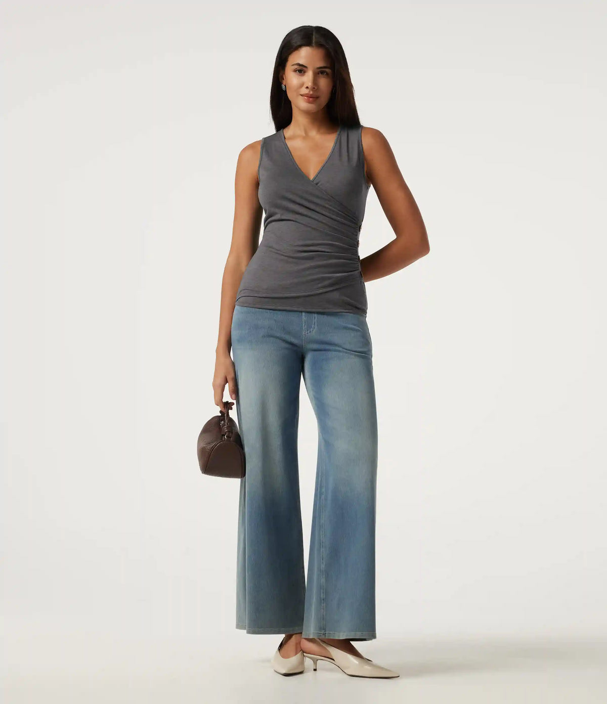 V Neck Ruched Asymmetric Heathered Casual Tank Top