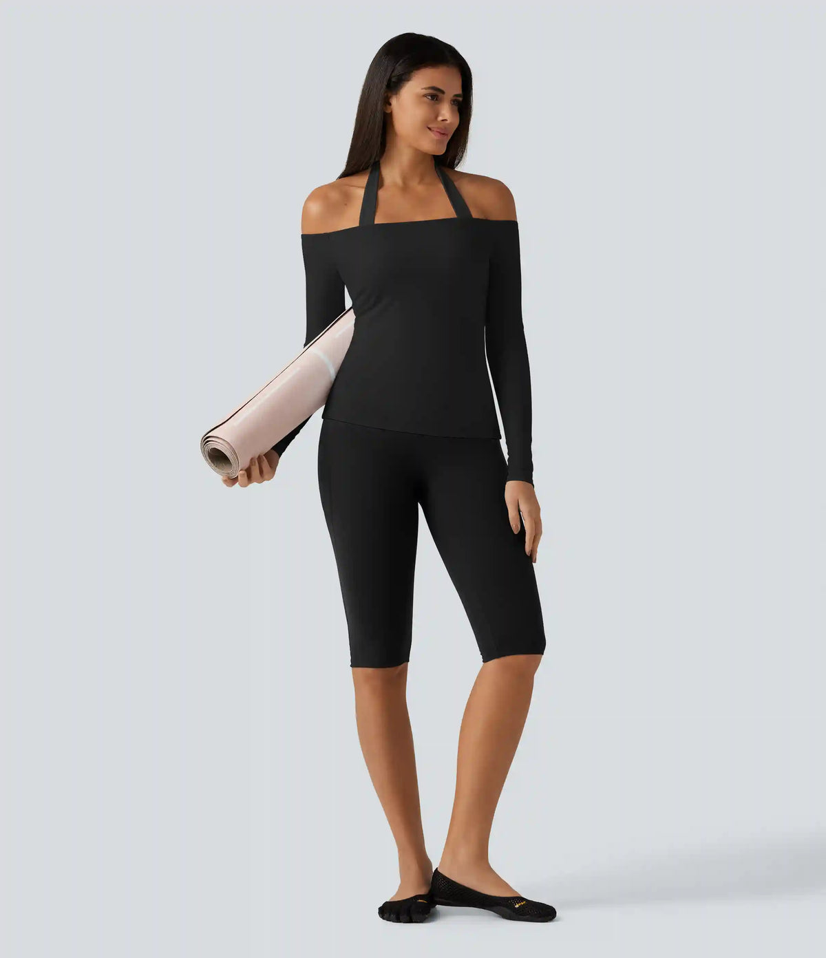 SoftlyZero™ Plush Halter Off Shoulder Long Sleeve Built-in Bra Scoop Back Yoga Sports Top