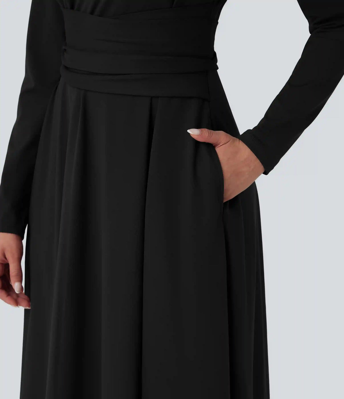 Cut Out Long Sleeve Tie Back Midi Work Dress with Pockets