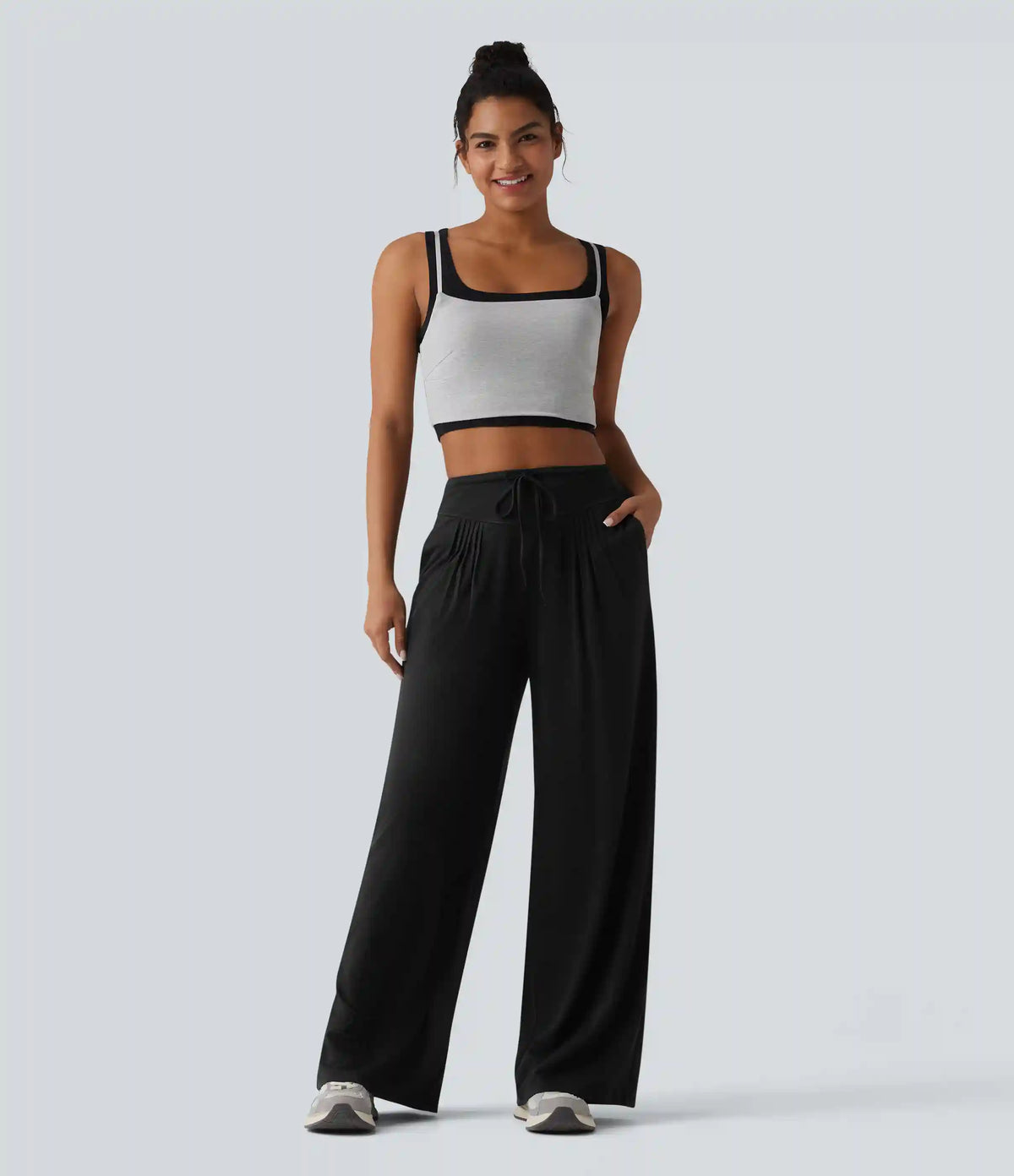 High Waisted Drawstring Pleated Heathered Casual Baggy Pants with Pockets